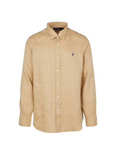 Embroidered Logo Linen Long Sleeve Shirt Brown - POLO RALPH LAUREN - BALAAN 1