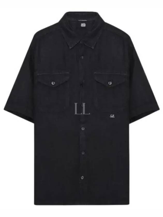 Small Logo Button Linen Short Sleeve Shirt Black - CP COMPANY - BALAAN 2