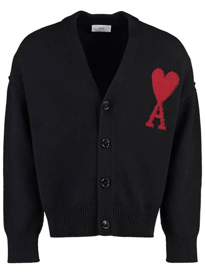 Heart Logo V Neck Wool Cardigan Black - AMI - BALAAN 2