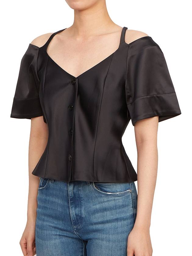 Double Satin Fitted Open Neck Blouse Black - GANNI - BALAAN 5