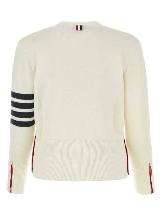 Milano Stitch 4 Bar Classic V Neck Fine Merino Wool Cardigan White - THOM BROWNE - BALAAN 3