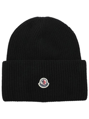 Logo Patch Wool Beanie Black Hat 3B00048 M1241 999 TJ - MONCLER - BALAAN 1