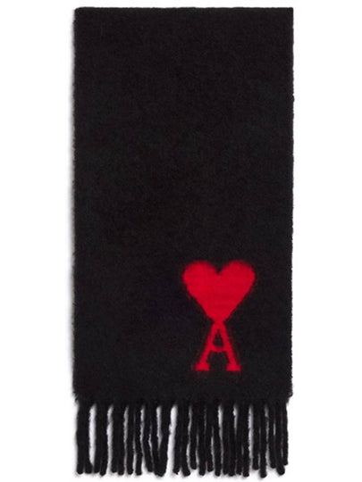 Heart Logo Oversized Wool Fringe Scarf Black - AMI - BALAAN 2