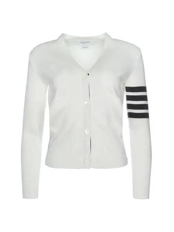 Milano Stitch 4 Bar Classic V Neck Fine Merino Wool Cardigan White - THOM BROWNE - BALAAN 1