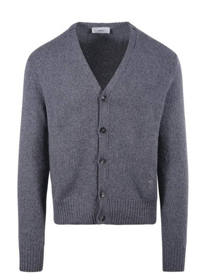 Heart Logo V Neck Cashmere Cardigan Heather Grey - AMI - BALAAN 2