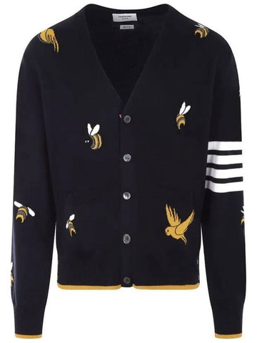 Men's Merino Bird Bee 4 Bar V-Neck Merino Cotton Cardigan Navy - THOM BROWNE - BALAAN 1