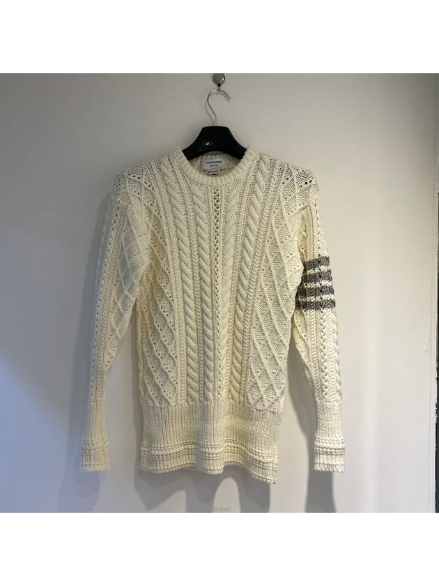 diagonal merino wool cable relaxed knit top white - THOM BROWNE - BALAAN.