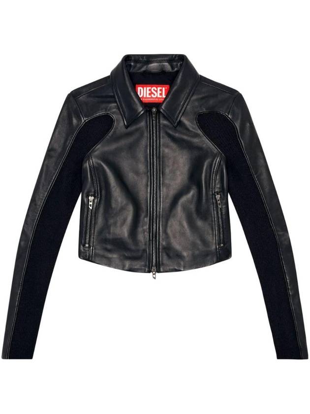 L Totem P1 Knit Inserts Cropped Leather Jacket Black - DIESEL - BALAAN 1