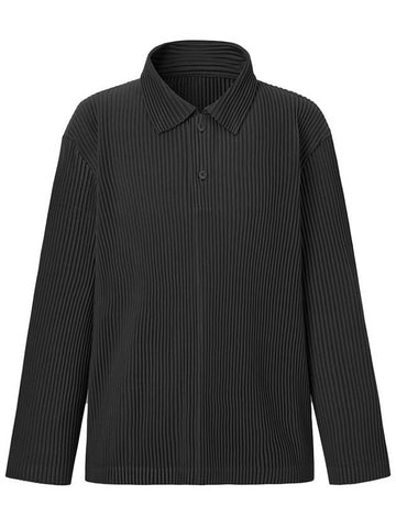 Men's Collar Neck Long Sleeve Pleated T-Shirt Black - MONPLISSE - BALAAN 1