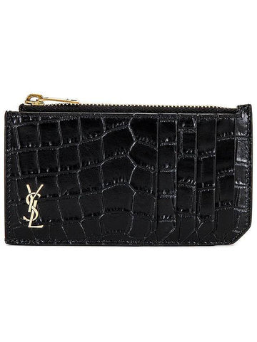 Logo Monogram Crocodile Zipper Card Wallet Black - SAINT LAURENT - BALAAN 1