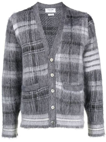 Funmix Tartan Mohair 4 Bar V-neck Cardigan Grey - THOM BROWNE - BALAAN 1