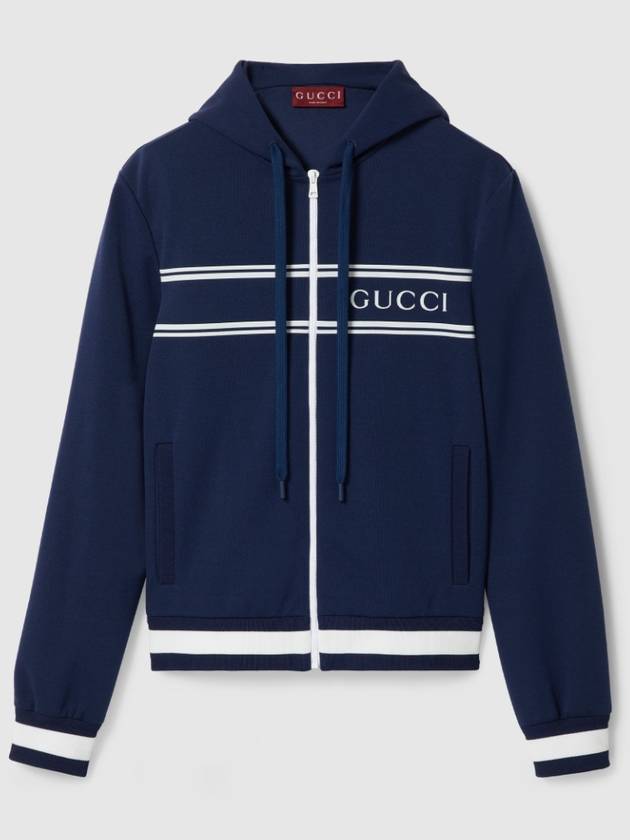 Logo Stripe Print Zip Up Hoodie Midnight Blue - GUCCI - BALAAN 2