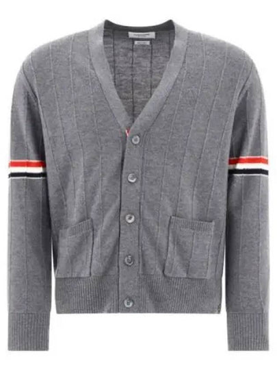 RWB V-neck Striped Virgin Wool Cardigan Grey - THOM BROWNE - BALAAN 2