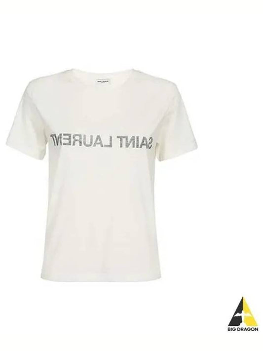 Women s Reverse Logo Print Short Sleeve White 665234 Y37AW - SAINT LAURENT - BALAAN 1