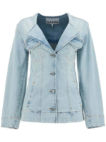 slim fit denim stretch blazer for a - GANNI - BALAAN 1