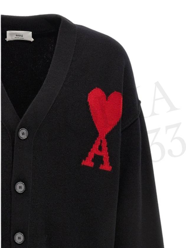 Heart Logo V Neck Wool Cardigan Black - AMI - BALAAN 4