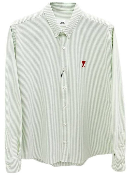 Heart Embroidered Logo Striped Long Sleeve Shirt Green - AMI - BALAAN 2