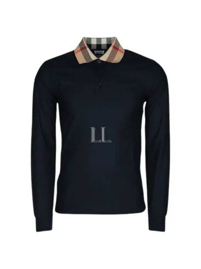 Check Collar Cotton Pique Long Sleeve Polo Shirt Smoke Navy - BURBERRY - BALAAN 2