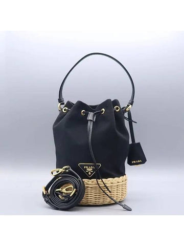 1BE040 Black Canvas Rattan Basket Bucket Tote Bag Shoulder Strap 2WAY - PRADA - BALAAN 1