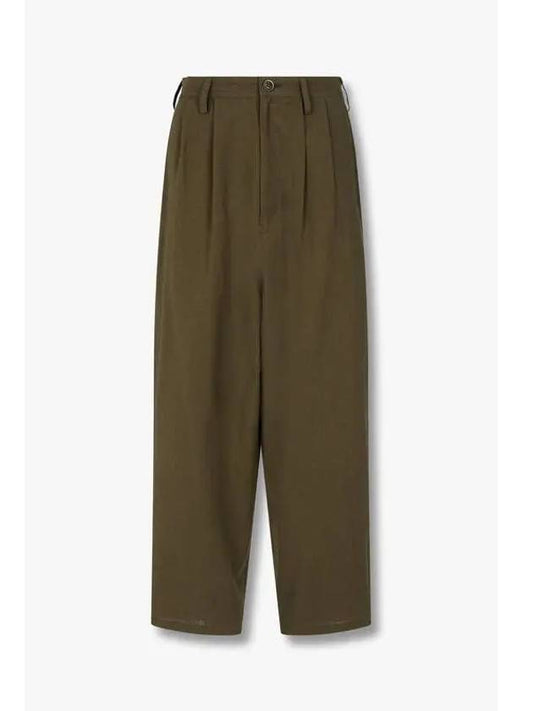 Yohji Yamamoto Y s Two Tuck Pleated Linen Cotton Pants Khaki - YOHJI YAMAMOTO - BALAAN 1