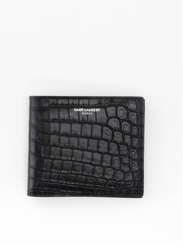 Crocodile Embossed Leather Half Wallet Black - SAINT LAURENT - BALAAN 2