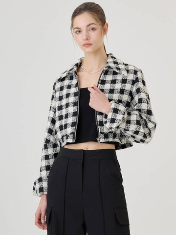 Waist Cutout Balloon Sleeve Plaid Check Tweed Cropped Jacket Black hite - RS9SEOUL - BALAAN 1