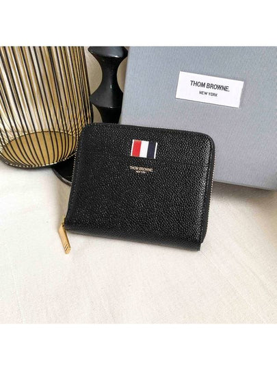 Three Stripes Pebble Grain Zipper Round Half Wallet Black - THOM BROWNE - BALAAN 2