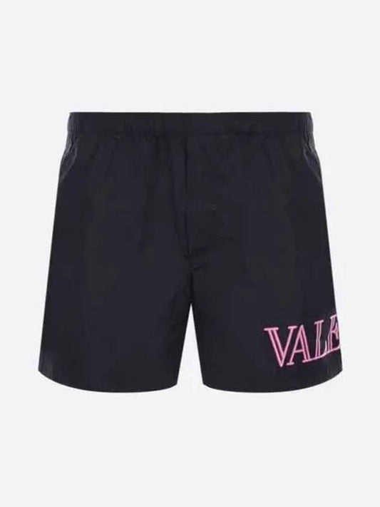 Men's Neon Logo Printing Nylon Swim Shorts Black - VALENTINO - BALAAN.