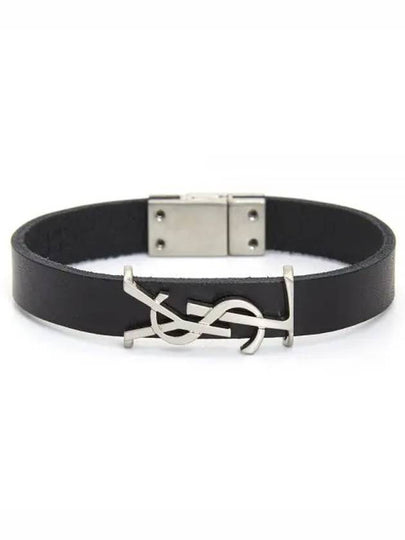 Opyum Silver Logo Leather Bracelet Black - SAINT LAURENT - BALAAN 2