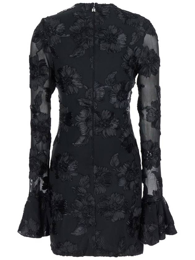 'Rositana' Black Mini Dress With Semi Sheer Sleeves And All-Over Roses Appliqué In Tech Fabric Woman - ROTATE - BALAAN 2