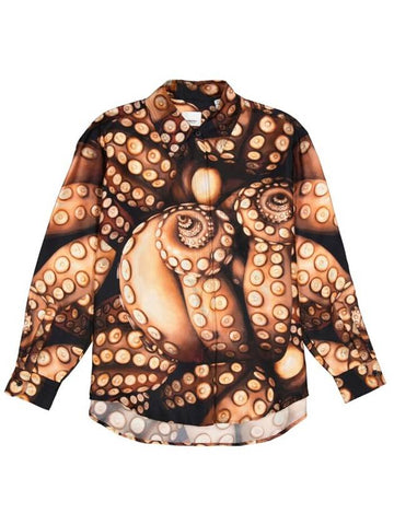 Silk Twill Octopus Print Long Sleeve Oversized Shirt in Brown - BURBERRY - BALAAN 1