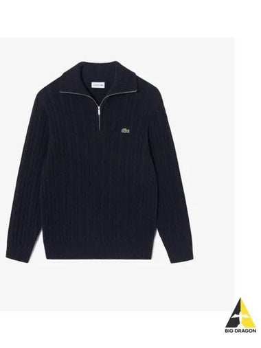 Men s Cable Half Zip Up Wide Collar Pullover Dart Navy - LACOSTE - BALAAN 1