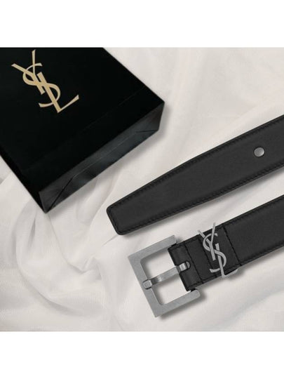 Square Buckle Monogram Leather Belt Black - SAINT LAURENT - BALAAN 2