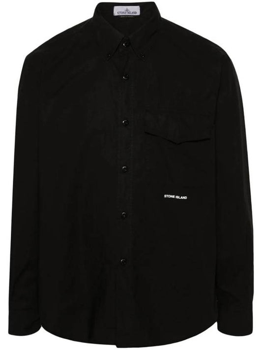 Logo Print Cotton Long Sleeve Shirt Black - STONE ISLAND - BALAAN 1
