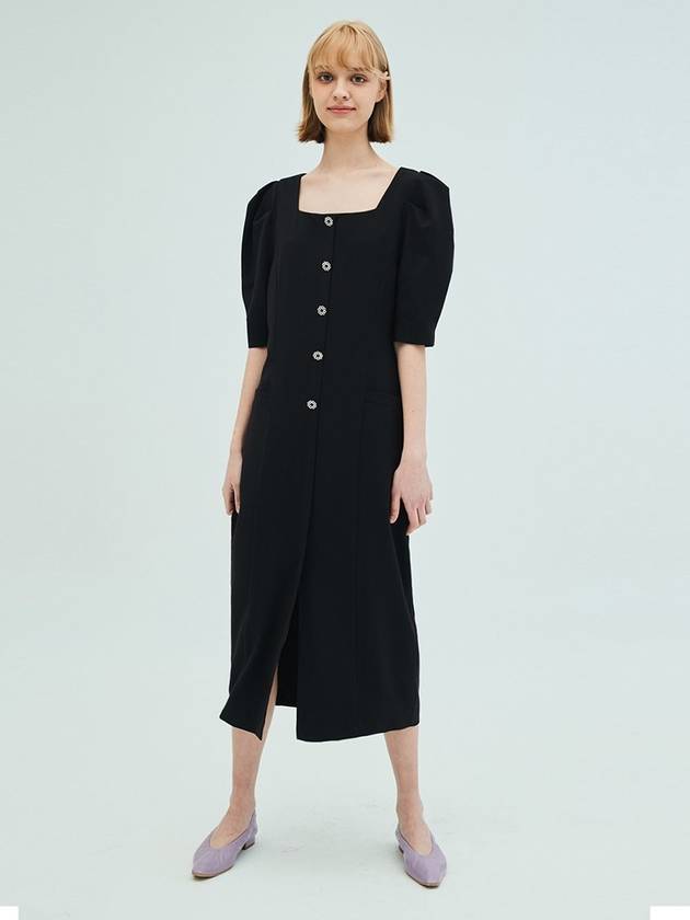 Linen Square Neck Flower Button DressBlack - OPENING SUNSHINE - BALAAN 3