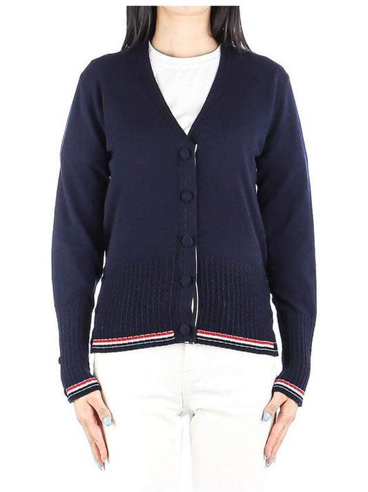 Baby Cable Fine Cashmere V Neck Tipping Cardigan Navy - THOM BROWNE - BALAAN 2