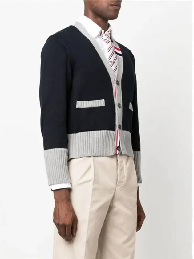 Three Stripe V Neck Cotton Cardigan Navy - THOM BROWNE - BALAAN 3