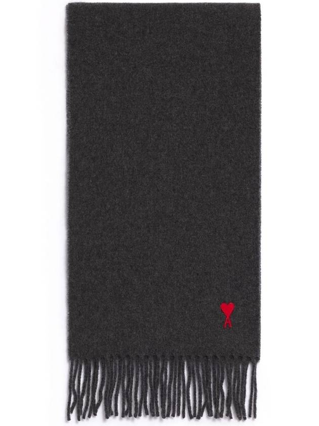 Small Heart Logo Classic Wool Fringe Scarf Dark Grey - AMI - BALAAN 3