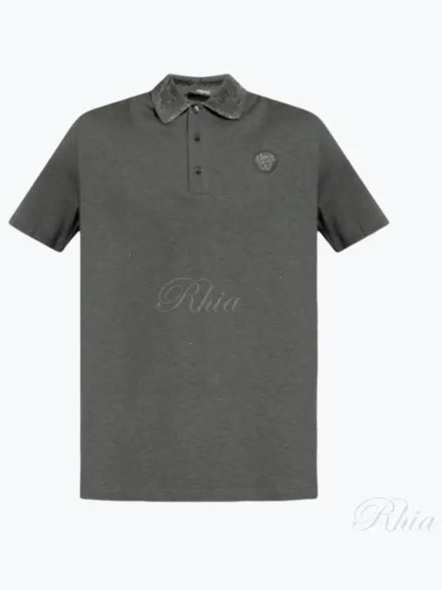 Men's Greca Embroidered Logo Short Sleeve Polo Shirt Grey - VERSACE - BALAAN 2