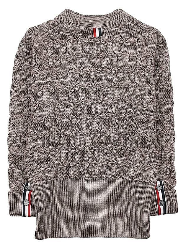 Merino Wool Crisscross Cable Stitch 3/4 Sleeve V-Neck Cardigan Medium Brown - THOM BROWNE - BALAAN 3