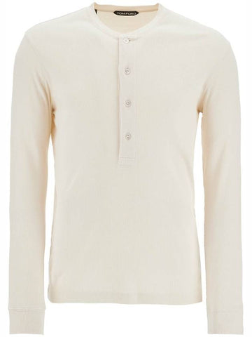 henley t-shirt ivory in cotton and microfiber ribbed - TOM FORD - BALAAN 1