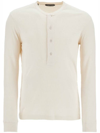 henley t-shirt ivory in cotton and microfiber ribbed - TOM FORD - BALAAN 1