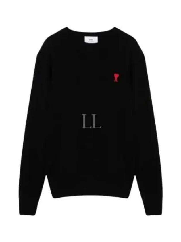 Heart Logo Crew Neck Merino Wool Knit Top Black - AMI - BALAAN 2