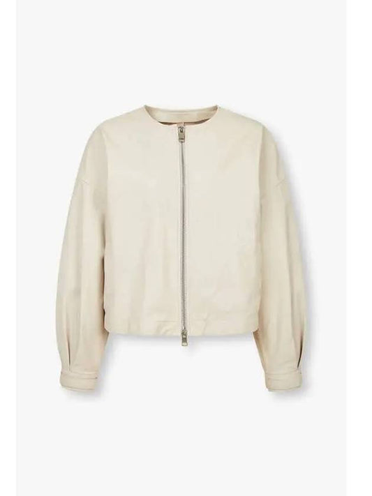 Women s Balloon Sleeve Leather Zip up Jacket Ivory - HERNO - BALAAN 1