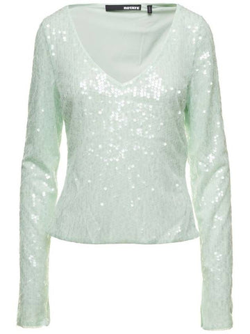 Green Long Sleeve Top With All-Over Sequins In Recycled Fabric Woman - ROTATE - BALAAN 1