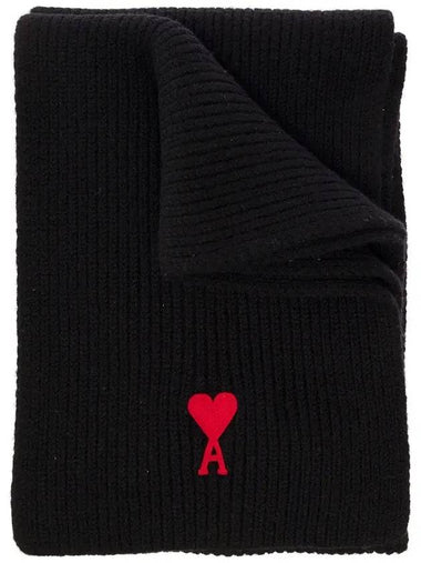 Heart Logo Merino Wool Muffler Black - AMI - BALAAN 1