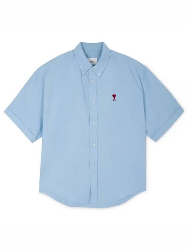 Men's Boxy Fit Embroidered Logo Short Sleeve Shirt Light Blue - AMI - BALAAN 2