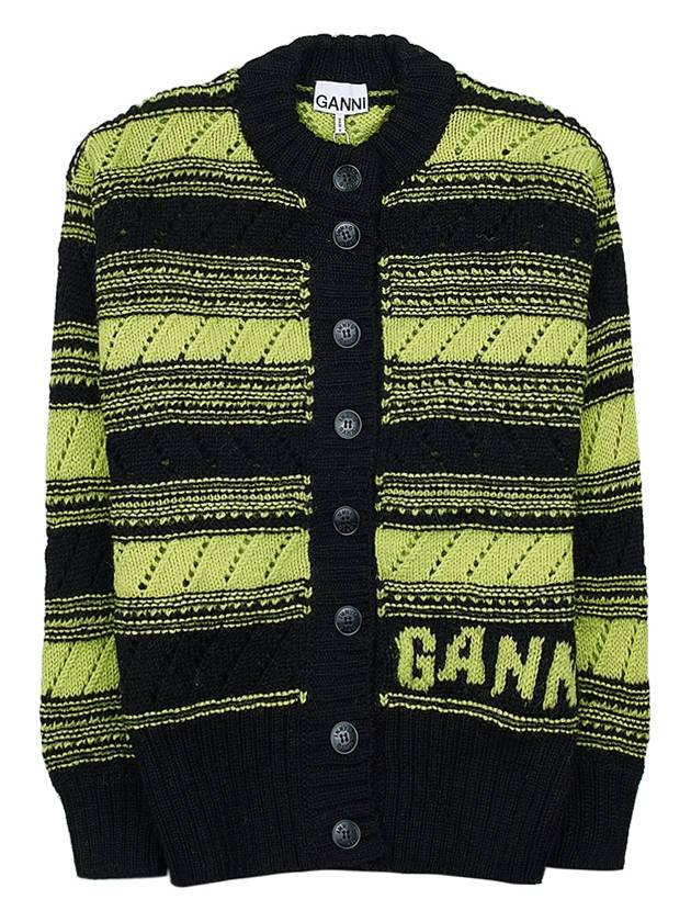 Logo Stripe Pattern Knit Cardigan Black - GANNI - BALAAN 10