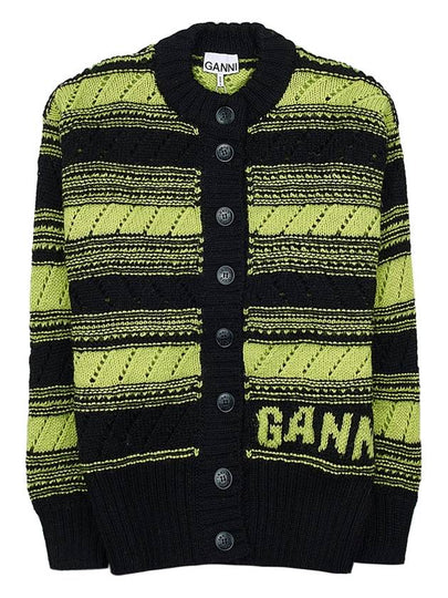 Logo Stripe Pattern Knit Cardigan Black - GANNI - BALAAN 2