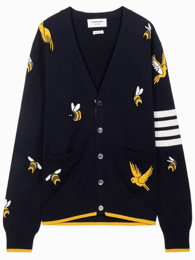 Men's Merino Bird Bee 4 Bar V-Neck Merino Cotton Cardigan Navy - THOM BROWNE - BALAAN 2